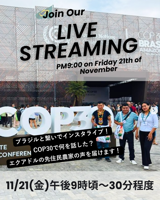 ブラジルと繋いでインスタライブ！COP30で何を話した？エクアドルの先住民農家の声を届けます。11/21(金)PM9:00-9:30