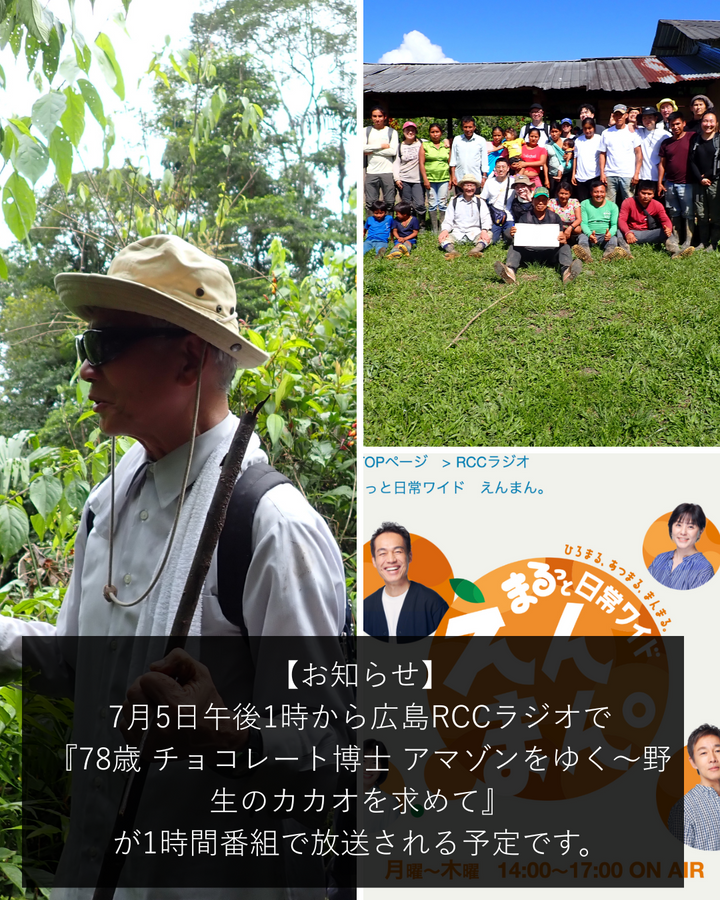 【お知らせ】広島大学佐藤名誉教授ラジオ 『78歳 チョコレート博士 アマゾンをゆく 〜野生のカカオを求めて』25年7月5日(土) 13時から広島RCCラジオで放送予定
